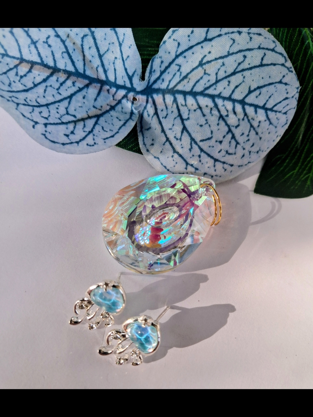 Iridescent Crystal Pendant and Blue Accent Drop Earrings Set